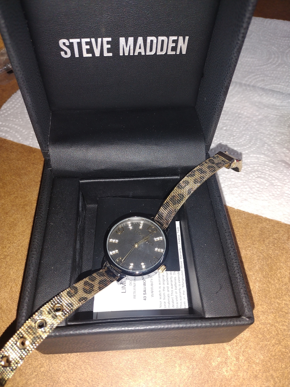 Steve Madden Men's Black Dial Watch with Leopard Print Strap